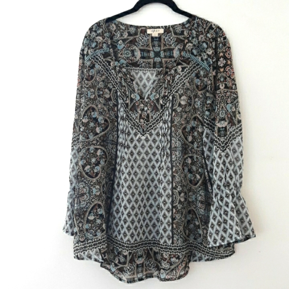 Style & Co. Mixed Print V neck Sheer Bell Sleeve Blouse